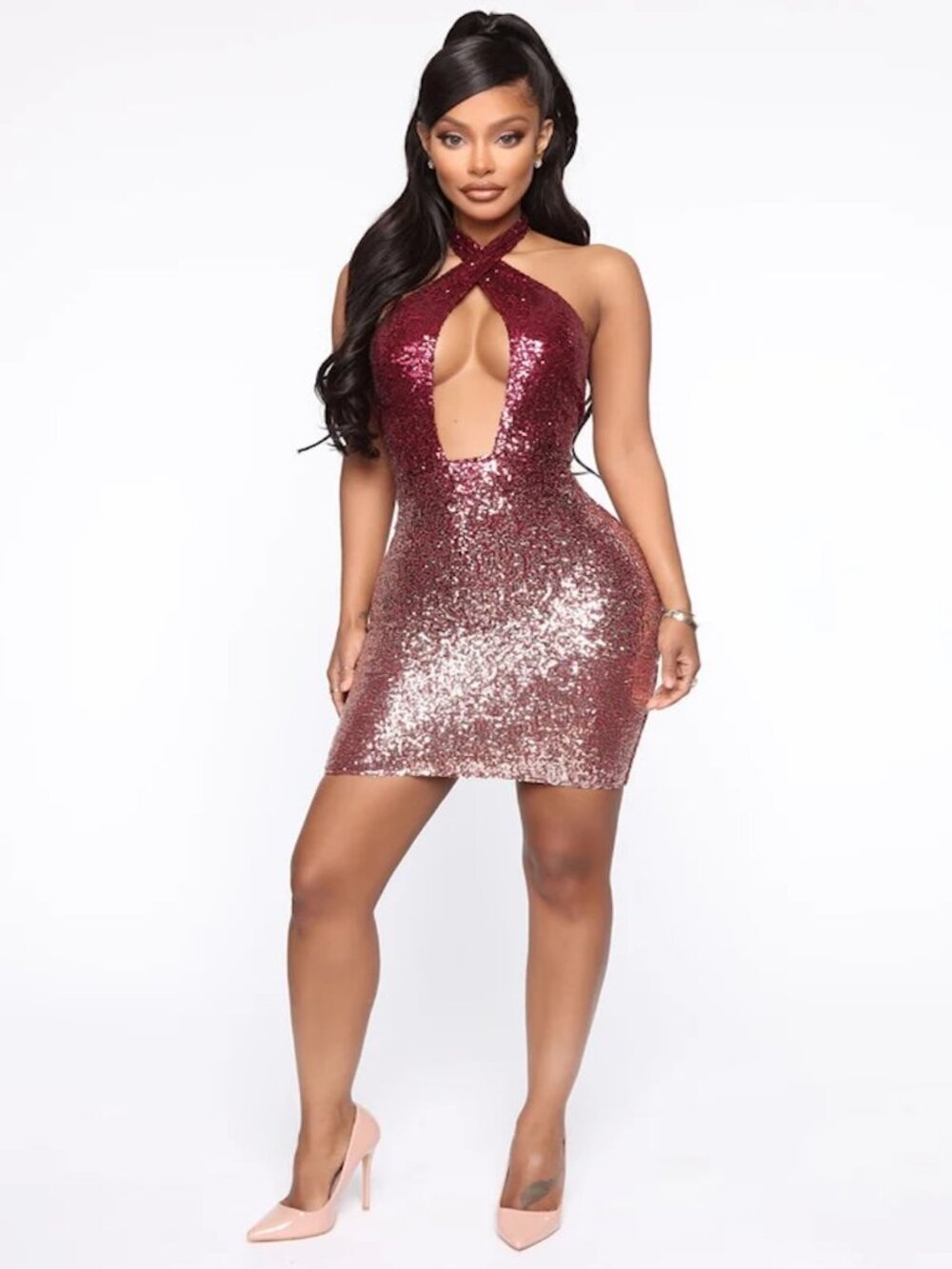 Fashion Nova "That Summer Glow" Sequin Mini Dress Burgundy/Rose Gold Size XL